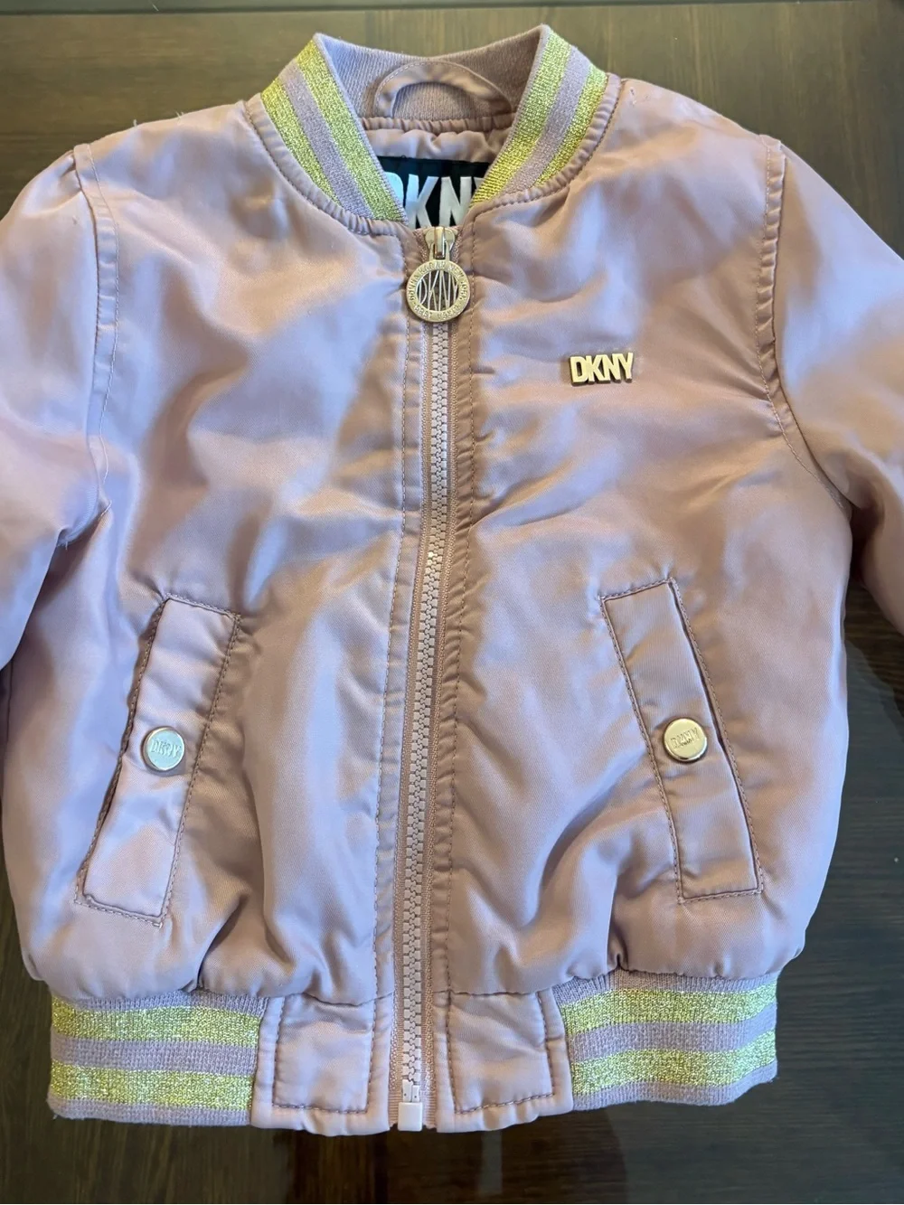 DKNY Bomber Jacket Girls Pink/Blush Size 4T Lined Faux Fur Gold Logo Spring Coat